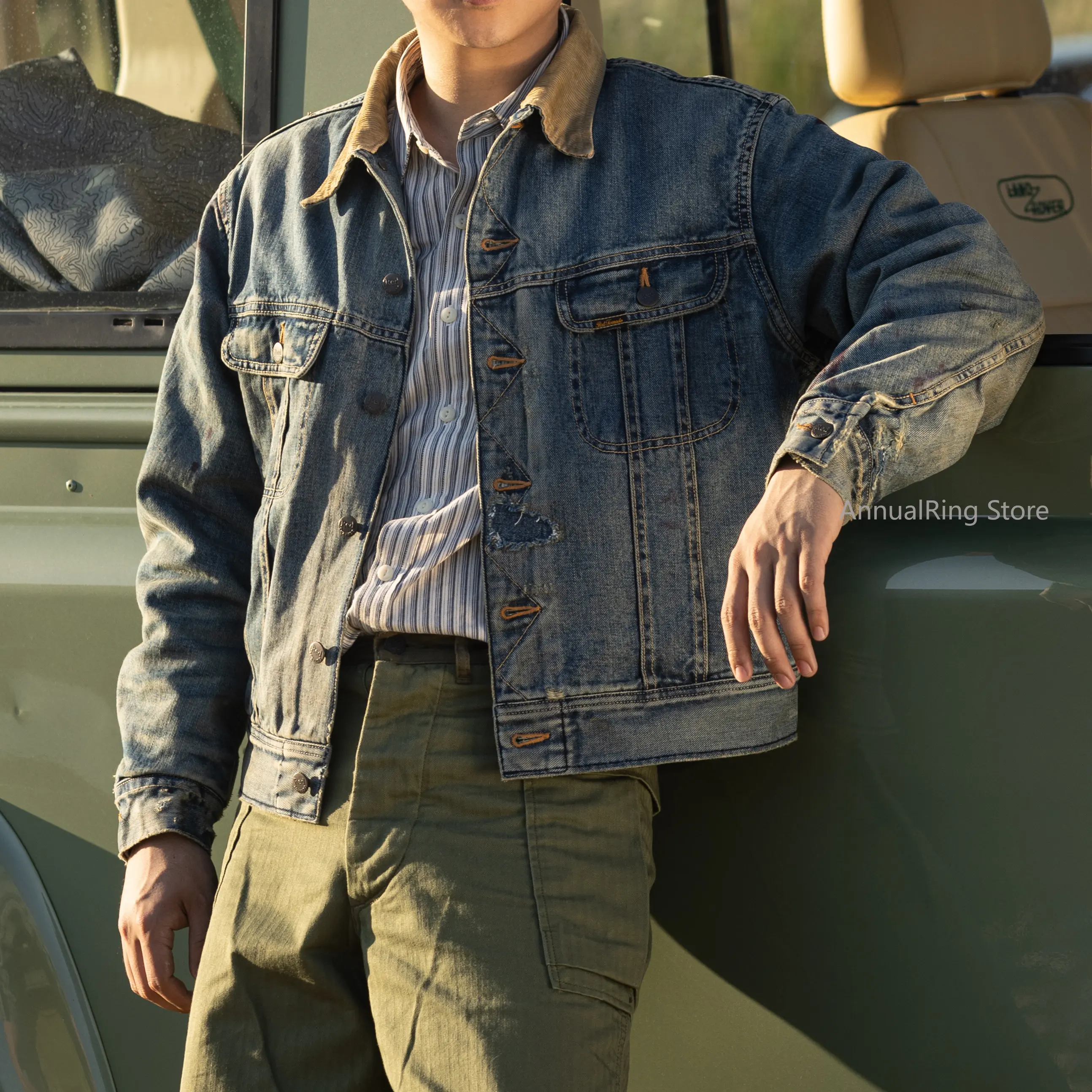 Chaqueta vaquera roja desgastada Red Tornado con forro de manta, estilo vintage, corta, tipo motociclista, para camionero