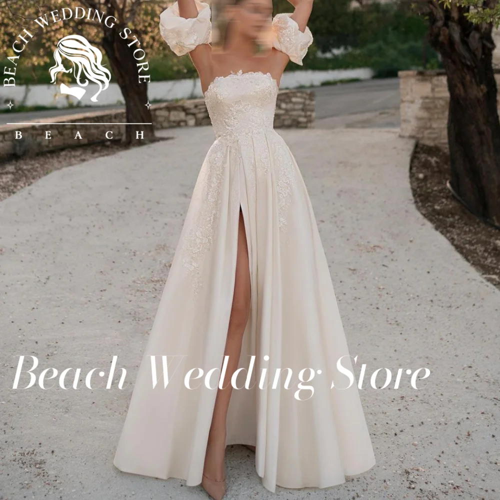 

Beach Customized YunShang Wedding A-Line Strapless Puff Sleeve Slit Lace Appliques Sequined Backless Train Gown Vestodos De