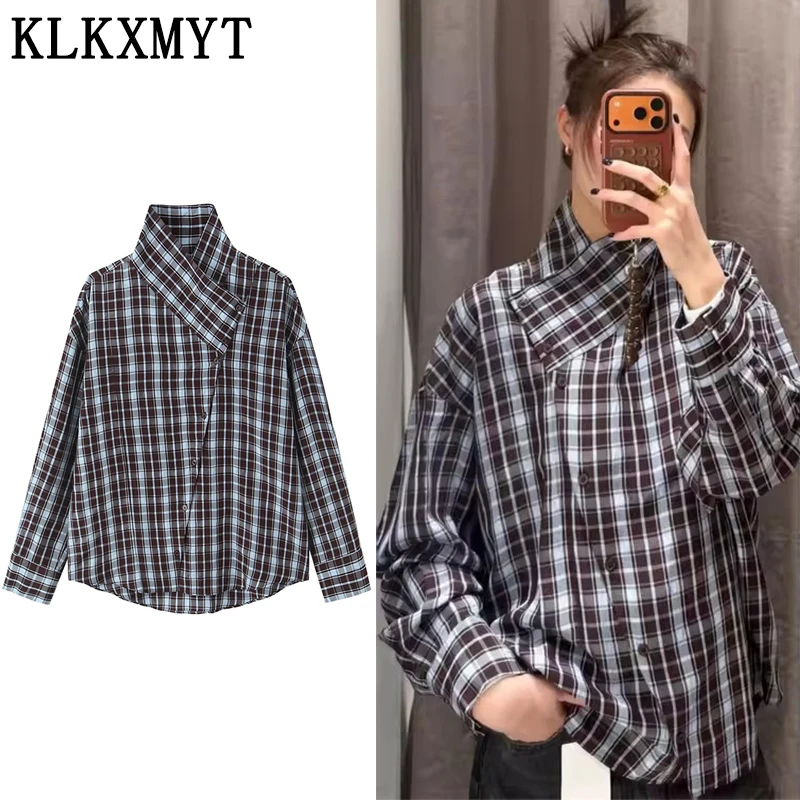KLKXMYT 2026 Frühling Damen Karierte Hemden & Blusen Top Neu Langarm Mode Schräg Geknöpft Lässig Schick Street Blusen Oberteile