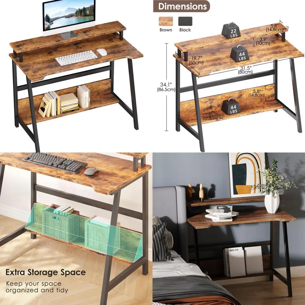 مكتب مدمج 31.5 مع مساحة تخزين للمكتب المنزلي والدراسة وغرفة النوم - بني