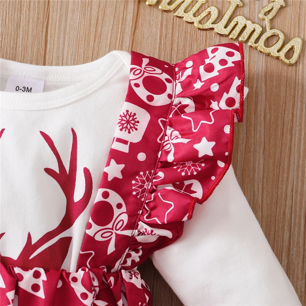 0-18 Months Baby Girl Christmas Set Reindeer Print Long sleeved Bodysuit+Suspender Skirt+Headband 3pcs Baby Girl Christmas outfi