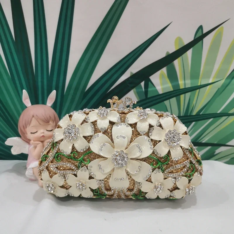 

White Flower Diamond Banquet Evening Clutch Women's Bags Ladies Rhinestone Floral Wedding Gala Dinner Sweet Handbags And Purses