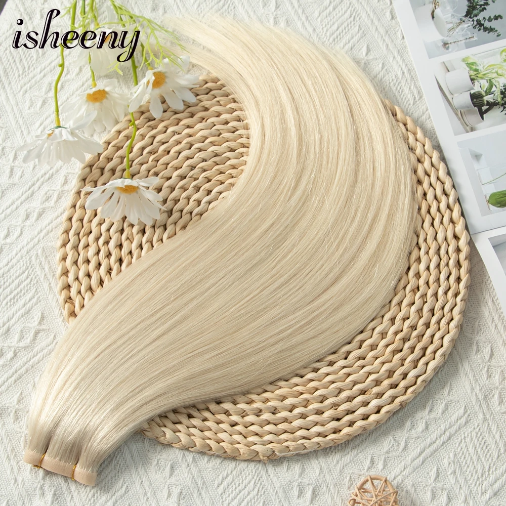 Isheeny-وصلات شعر صناعية شقراء طبيعية ، إطار مسطح ، غير مرئي ، بدون غراء ، بدون غراء ، 80-100 جم ، 120 سنتيمتر