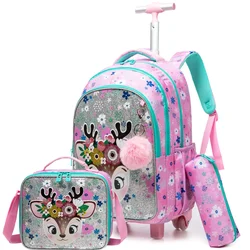 Zaini scolastici da 3 pezzi per bambini Zaino scolastico con ruote per ragazza Borsa da scuola per ragazzi con ruote Trolley Borsa elementare per bagagli
