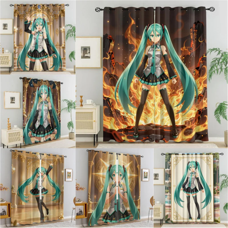 初音ミクアニメプリントカーテン、2枚セット、85-遮光厚手カーテン、居心地の良い雰囲気の寝室装飾カーテン