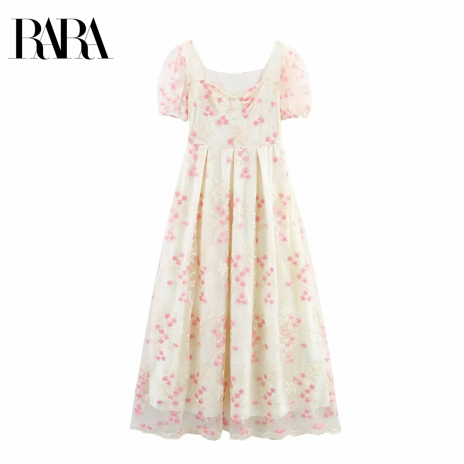 

RARA2025 new summer women's clothing casual fashion simple temperament square collar mesh embroidery puff sleeve long dress