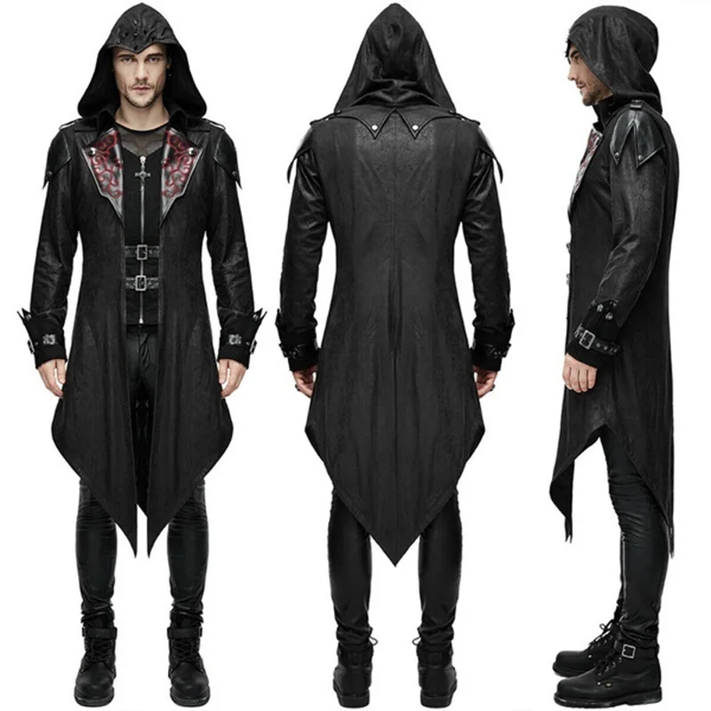 Medieval Ranger Warrior Cosplay Costumes Coat Black And Red Killer Hoodie Halloween Carnival Party Dressing For Men