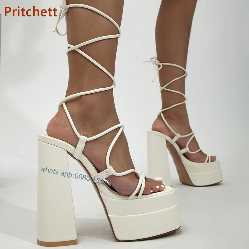 Solidne wysokie obcasy Platforma Czółenka Kwadratowe palce Sznurowane Czarne Białe Buty Damskie Slingback Cross Strap Party Shoes Summer Sexy Newest