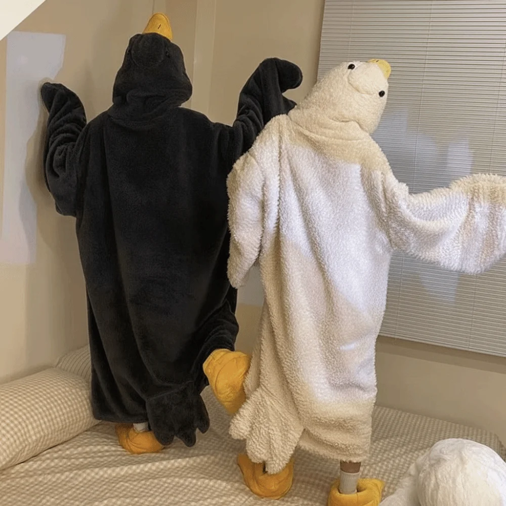 Soft Coral Fleece Big White Goose Onesie Pajamas Cartoon Thicken Cosplay Costume Sleep Dress Windproof Texture