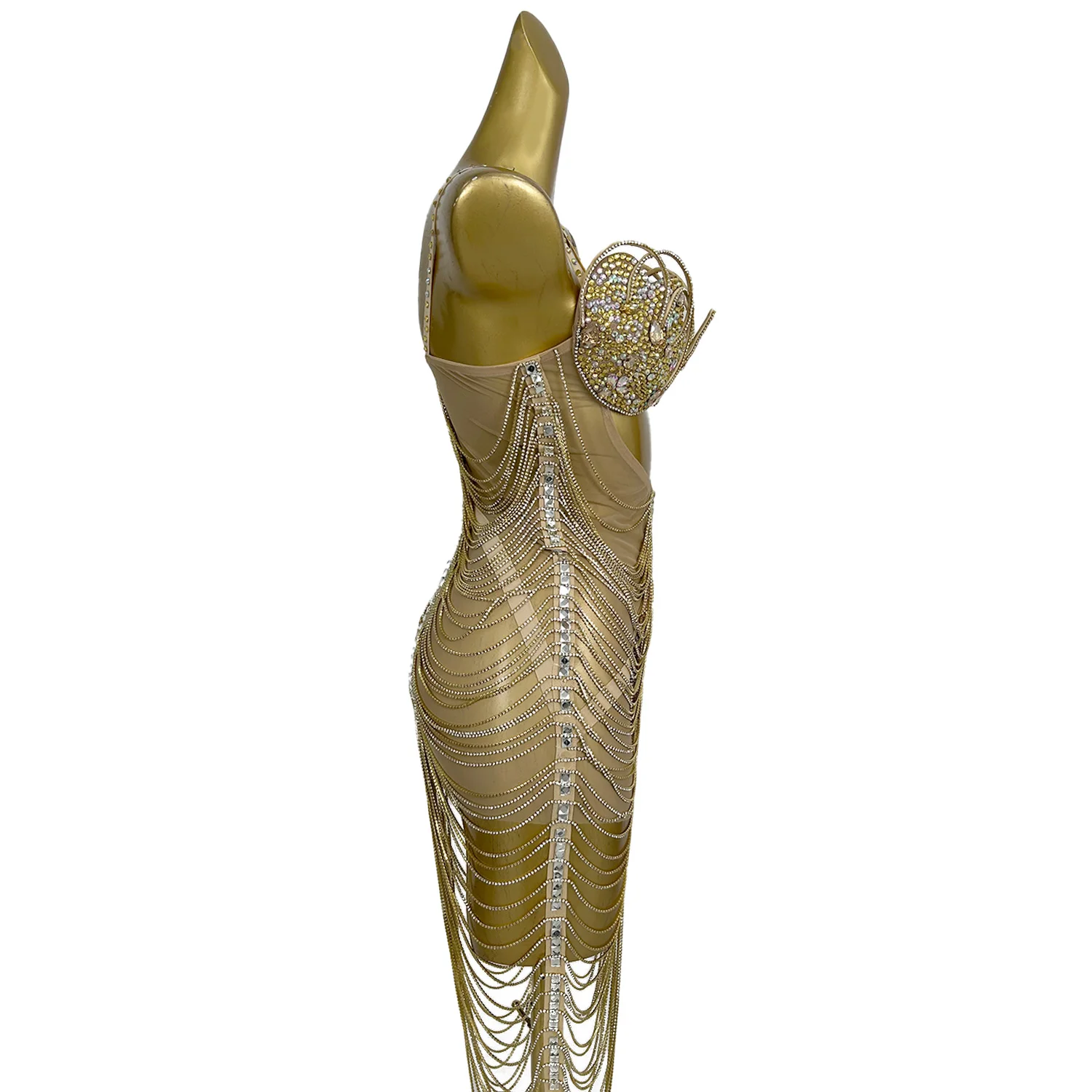 سباركلي حجر الراين شرابة شبكة Bodycon فستان قصير غاسل سلاسل فستان قصير مثير المرأة نادي مرحلة الأداء الرقص الزي