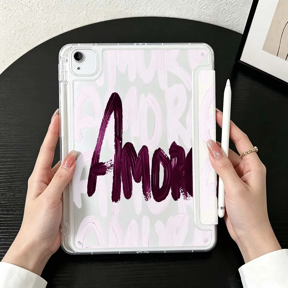Black White Letter Print Case For iPad Mini Pro Air 5 6 7 8 9 10th 11th 11 9.7 10.9 13 inch Transparent Y-Shaped Folding Tablet