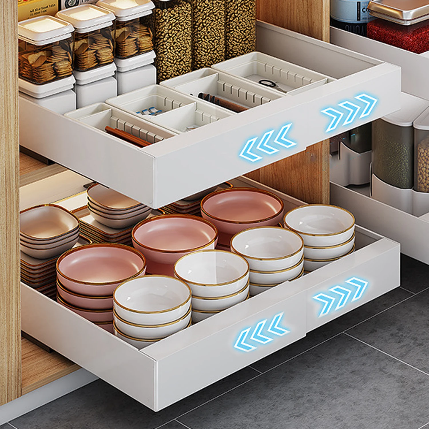 Organizador de Gabinete de Cocina Extensible de 32-52 cm, Estante de Almacenamiento Extraíble de una Sola Capa con 3 Rieles Deslizantes, Cajón Telescópico de Metal