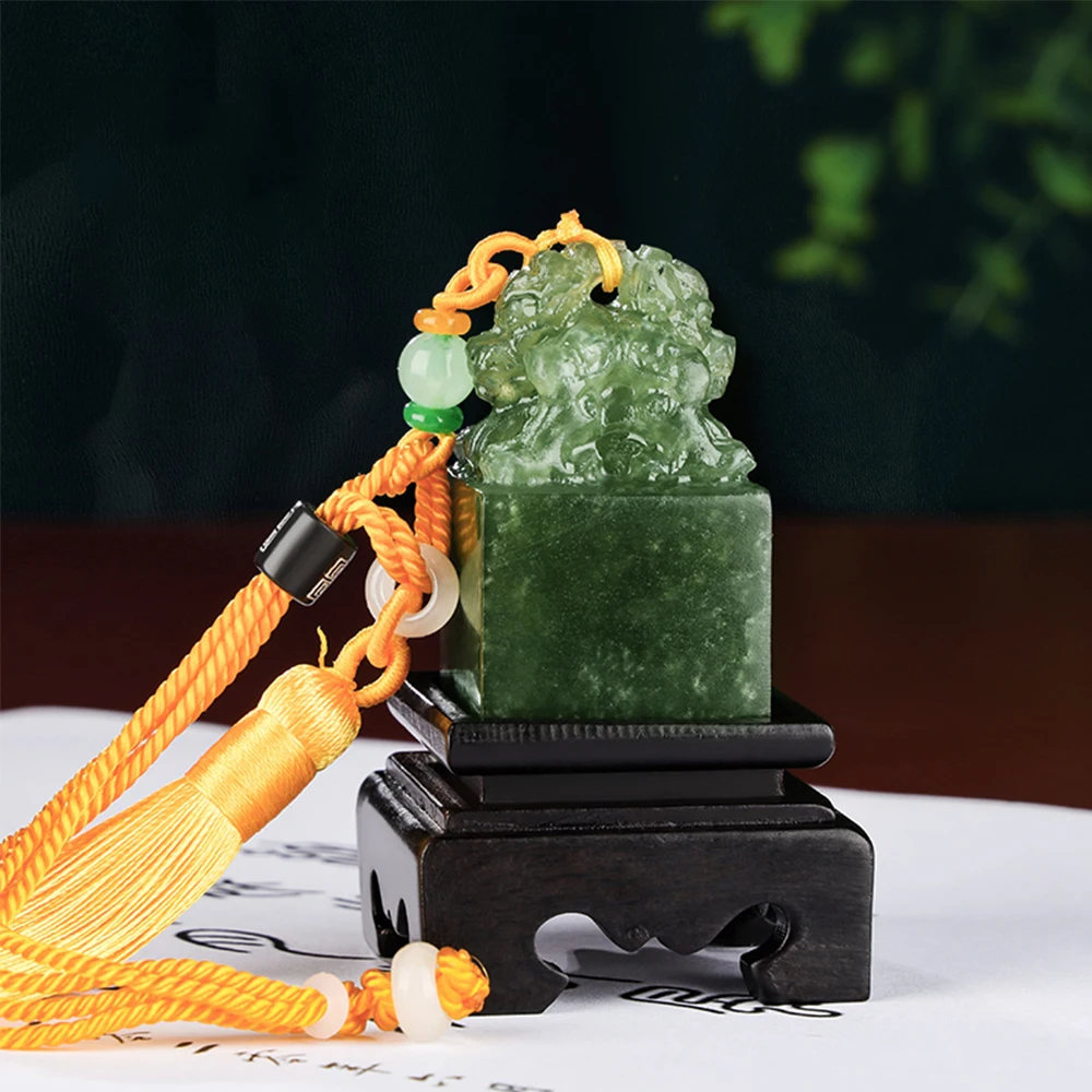 Green Stone Name Stamp 4 In 1 Tassel Bag Base Custom Ink Pad Free Engraving Square Seals Chop Birthday Gifts for Friend Teacher