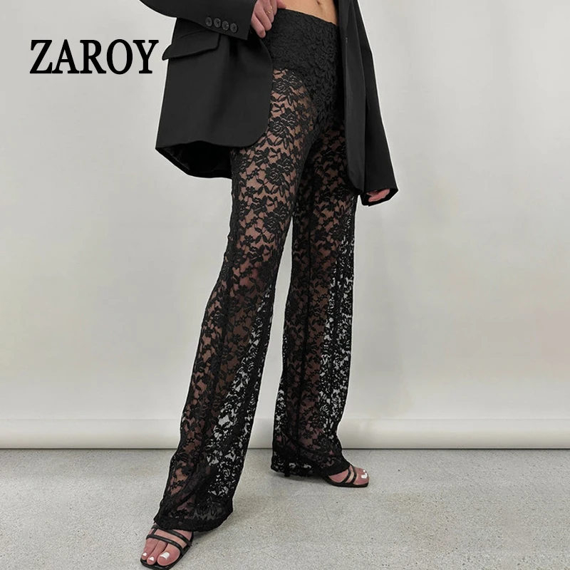 

ZAROY Sexy Women Sheer Lace Wide Leg Pants Gothic High Waist Flare Pants Fashion High Street Trousers Beach Cover Ups Pantalones