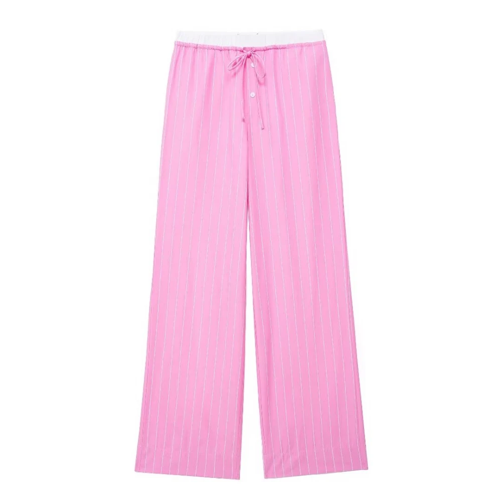 Tangada 2024 Fashion Women Pink Striped Print Wide Leg Pants Trousers Elastic Waist Lady Casual Pants 3H0413