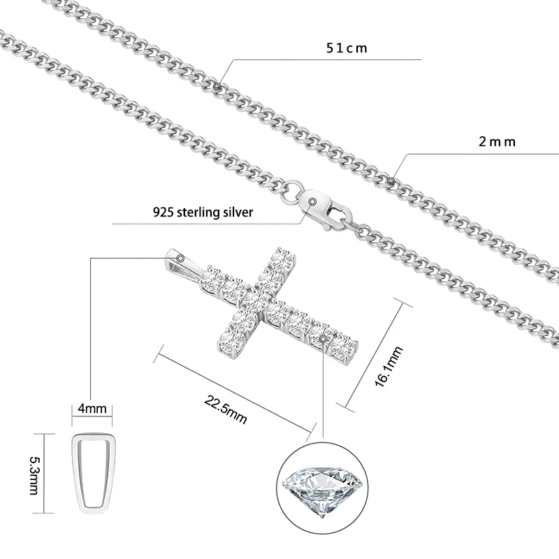 Hiphop 1.1ct D Color VVS1 Moissanite Cross Necklace 925 Sterling Silver Lab Diamond Cuban Link Pendant Necklace Women Men Gift image 3