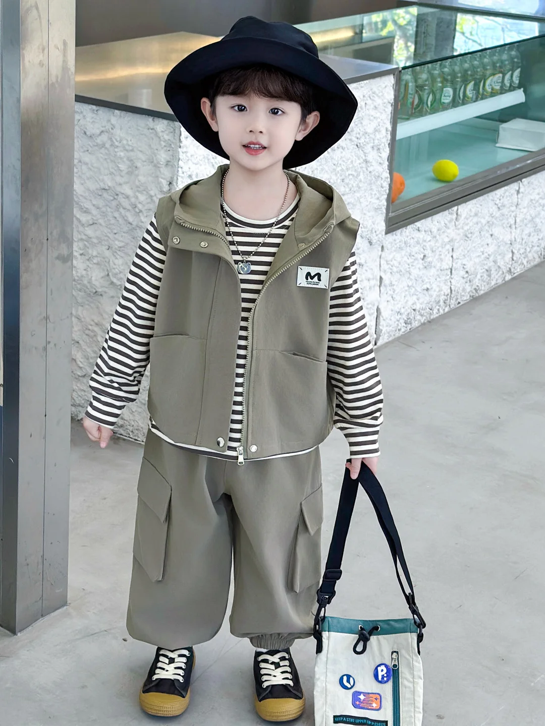 

Spring Faionable Boys' Tee-Piece Set Stripe Sweater Vest Long Pants Cotton Casual Sportswear Children's Clothing