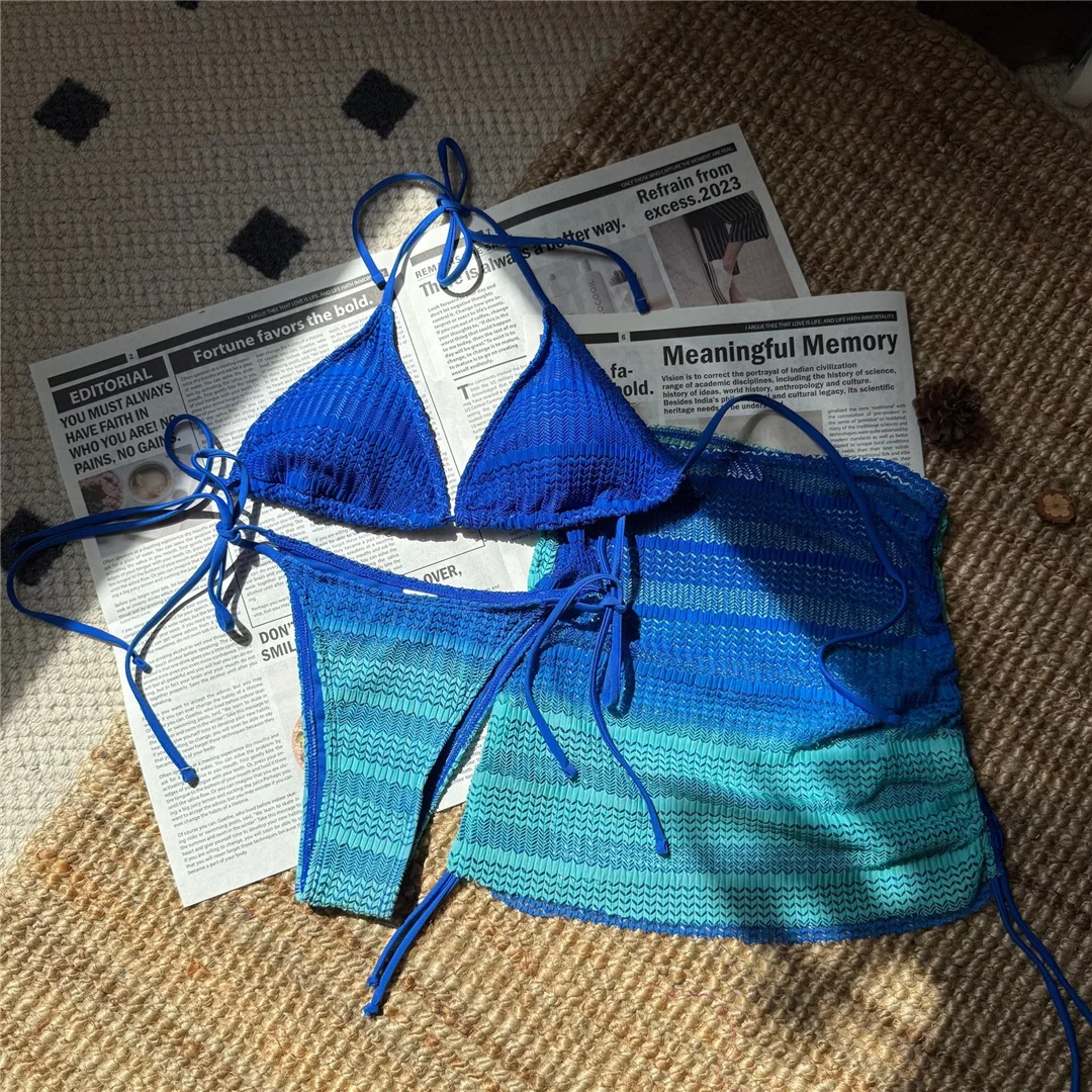 Rosa 3-teiliger Bikini mit Rock, Farbverlauf, Damen-Badebekleidung, Badeanzug, dreiteiliges Bikini-Set, gepolsterter Badeanzug, Badebekleidung, Schwimmbekleidung V6696 – Detail 20
