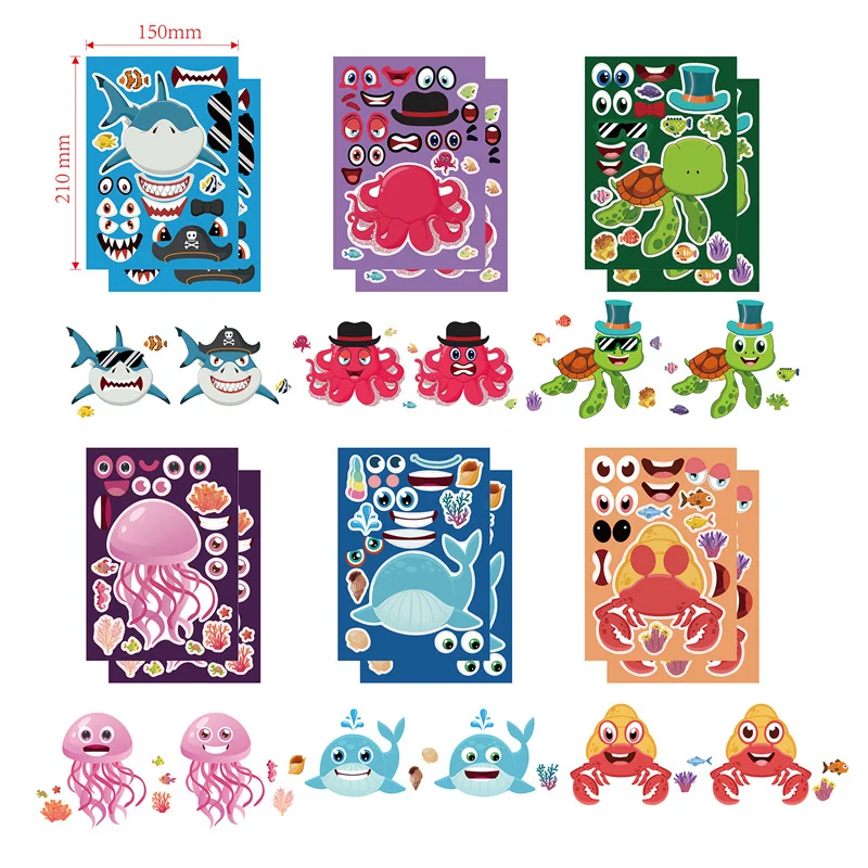 6-24sheets Stickers for Kids Creative DIY Turtle Shark Face Make Your Own Ocean Puzzle Jigsaw Sticker Children Boys Girls Toys