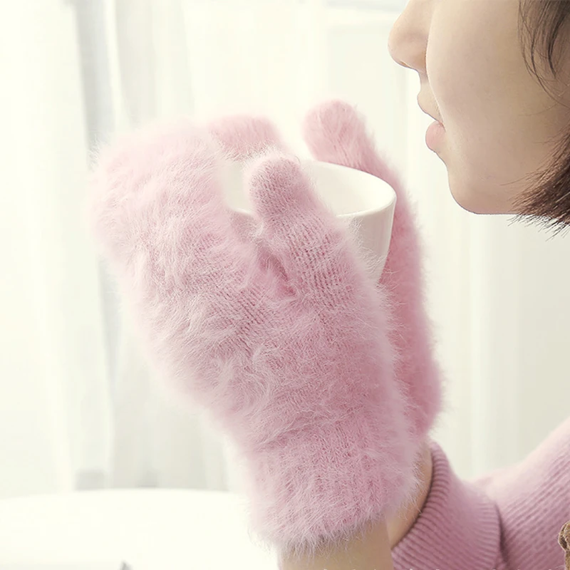 Guantes de felpa de Invierno para mujer, mitones de dedo completo de piel de conejo cálidos a prueba de viento, guantes de lana elásticos suaves, mitones de Color sólido para exteriores