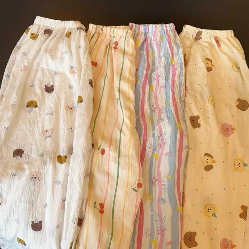 Pajama Pants Women Summer White Cartoon Bear Trousers Thin Lounge Pants Cherry Stripes Loose High Rise Straight Polka Dot Pant