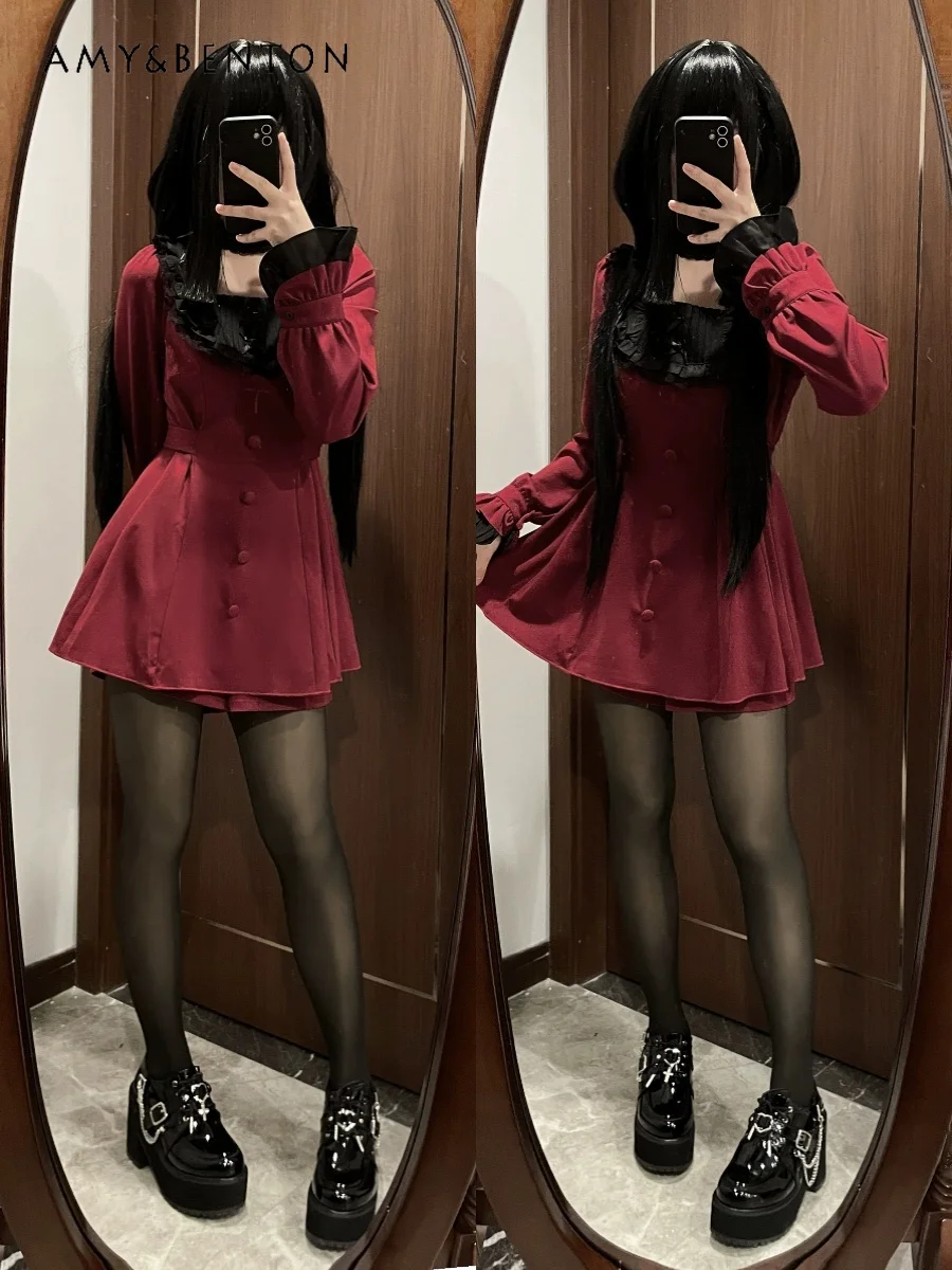 Japanese Mine Mass-Produced Lace Embroidered Bow Long Sleeve Dress Shorts Two-Piece Sets Women Spring New Lolita Liz Outfits