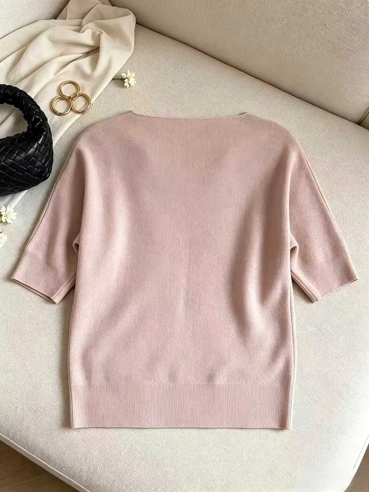 Women's boat neck bat sleeves elegant solid color knitted sweater casual versatile top