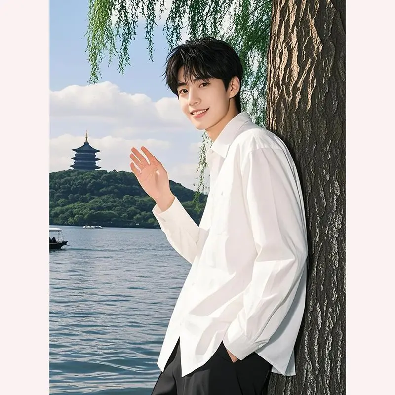 

Мужская белая повседневная рубашка Sunine Clean Sle с длинным рукавом, свободного кроя, летняя, модная, молодежная верхняя одежда