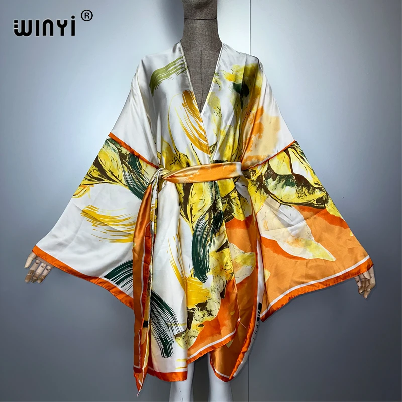 WINYI 2025 kimono plażowe damskie stroje kąpielowe narzutka boho kardigan szyty z paskiem wakacyjny płaszcz z długim rękawem kaftan wakacyjny