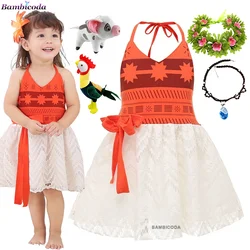 Moana Dress Cosplay Girls Princess Vaiana Dress Birthday Party Costume Necklace Pet Pig Chick Moana Dress Costume