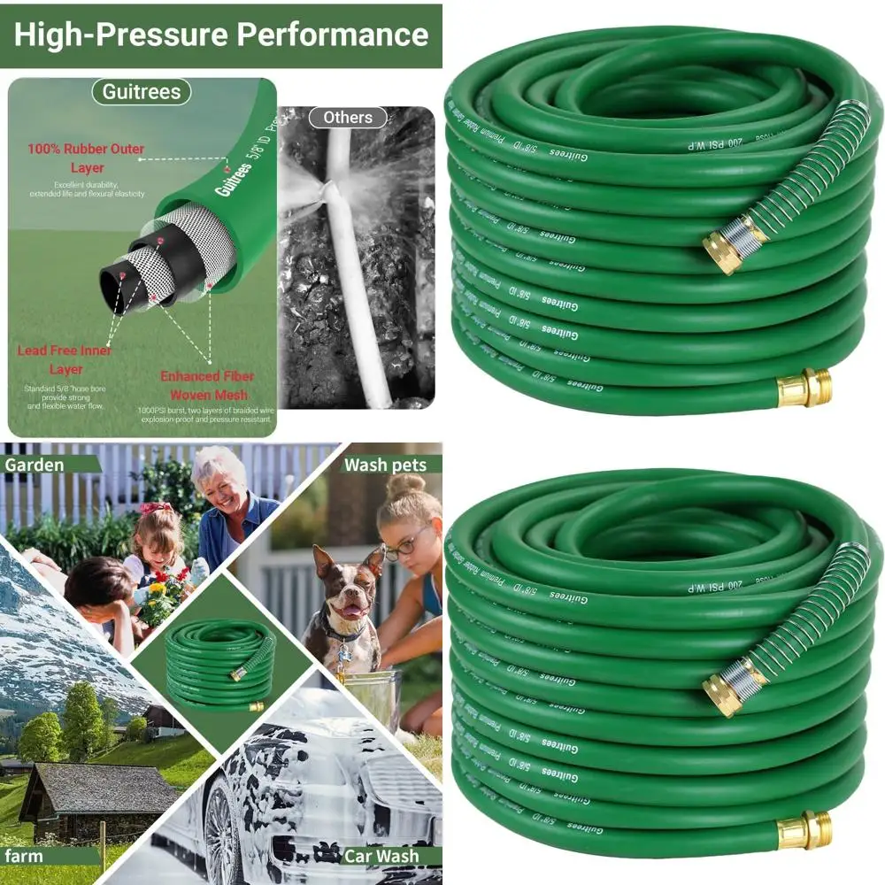 

High-Pressure 100ft 5/8 Rubber Garden Hose - 200psi, 1000psi Burst, Suitable for Hot/Cold Water - 5-Layer Braided for Durability