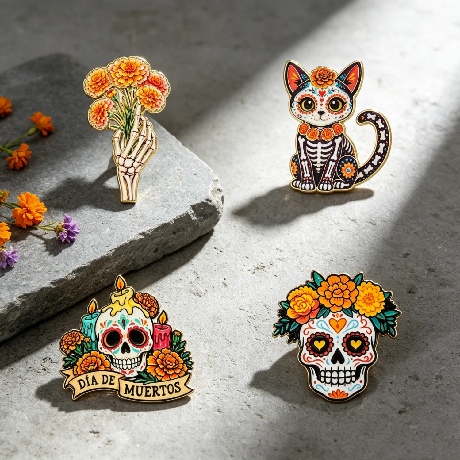 4PCS La Calavera Catrina Mexico Day Of The Dead Enamel Pins  Skeleton Skull  Brooches Lapel Badge  Gift