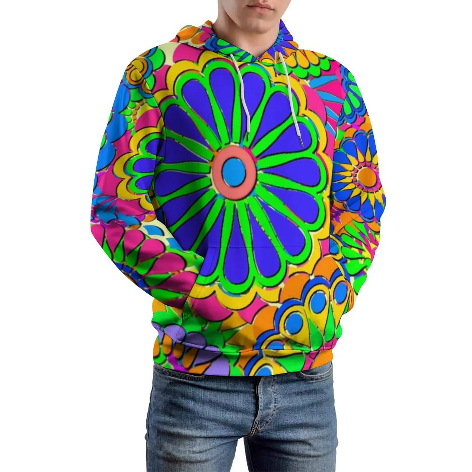 Hippie Style Loose Hoodies Color Flower Power Retro Pullover Hoodie Man Long Sleeve Oversized Casual Graphic Hooded Sweatshirts