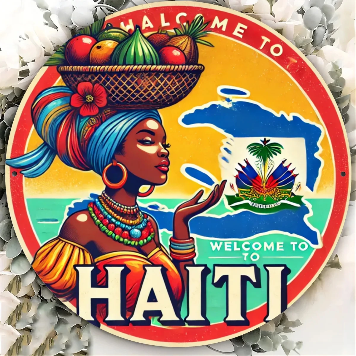 1 Piece of Haitian Welcome Pattern Iron Art Sign - 8x8inch Round Metal Wall Art for Bars, Cafes, Nightclubs, Kitchens - Flat Printed Round Sign