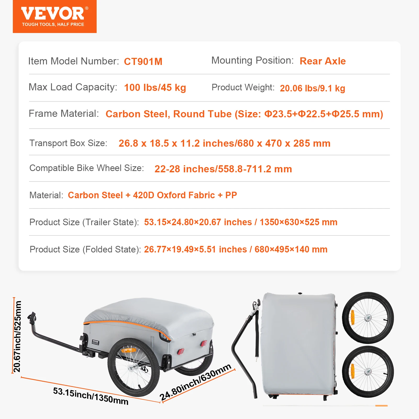 SucceBuy 100lbs Fiets Cargo Trailer Opvouwbare Fietswagen met Waterdichte Hoes & Veilige Reflectoren Past op 22 "-28" Fietswiel