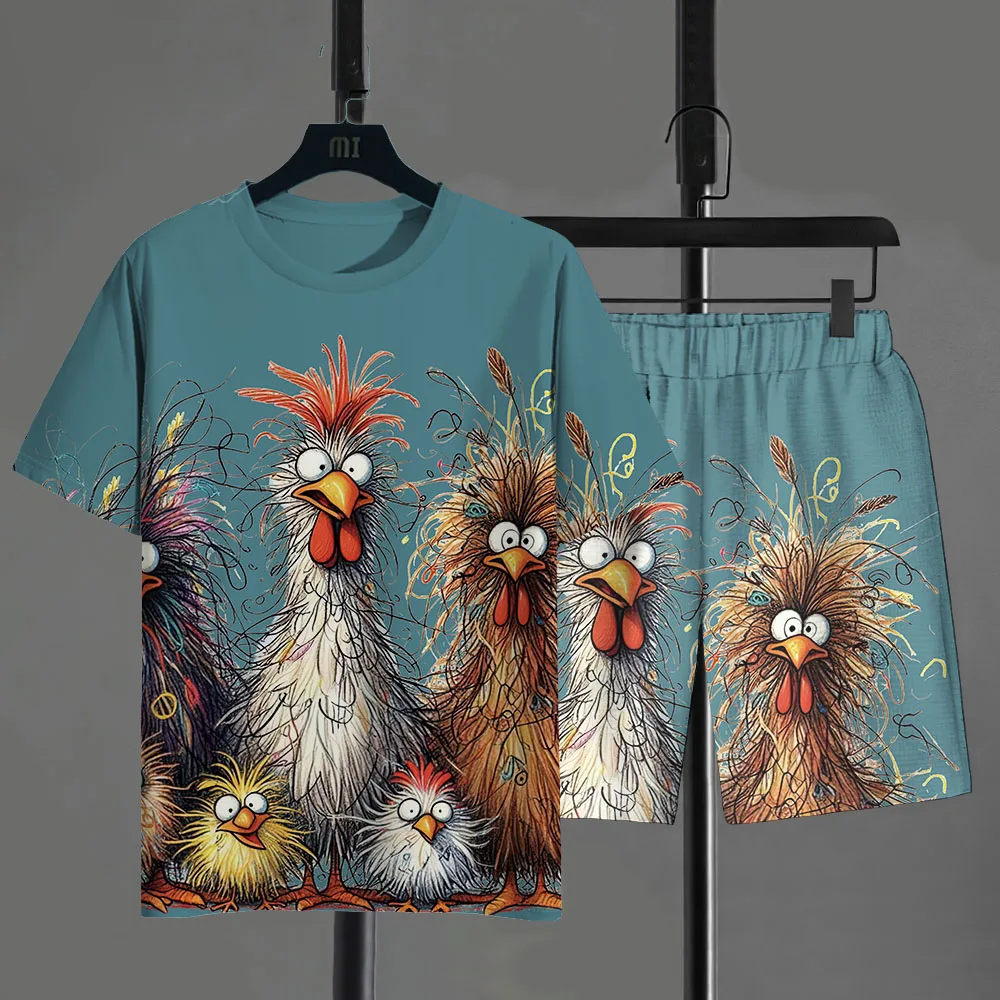

Funny Men's T-shirt Pants Set Cartoon Chicken Print Summer Casual Short Sleeve Pullover T-shirts Outdoor Male Overszied Clothing