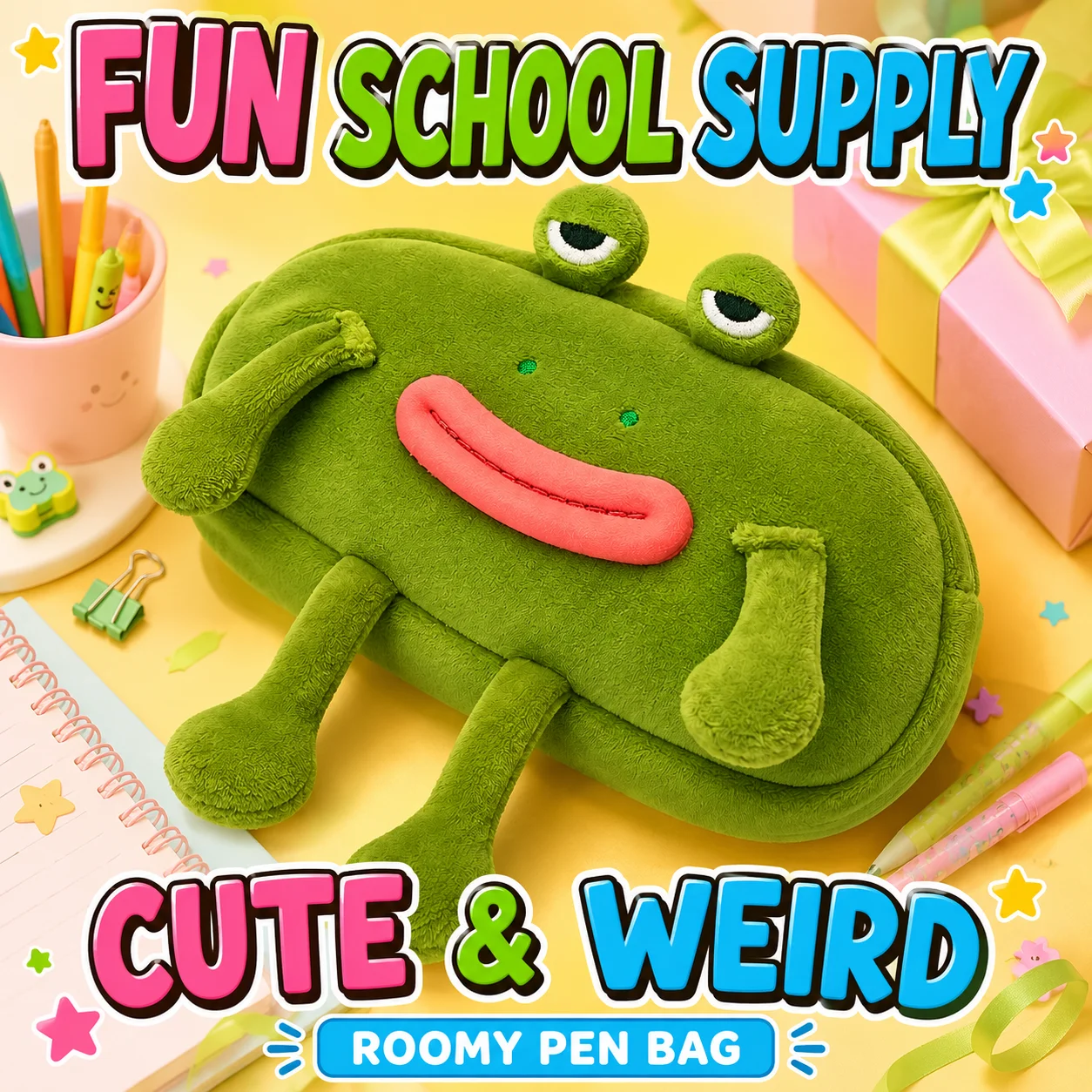 1pc Kawaii Ugly Cute Frog Plush Pen Bag Creative 3D Limbs Cartoon Animal Zipper Pencil Pouch Bulk School Stationery Accessory Holiday Birthday Mini Gift For Children Teen Students