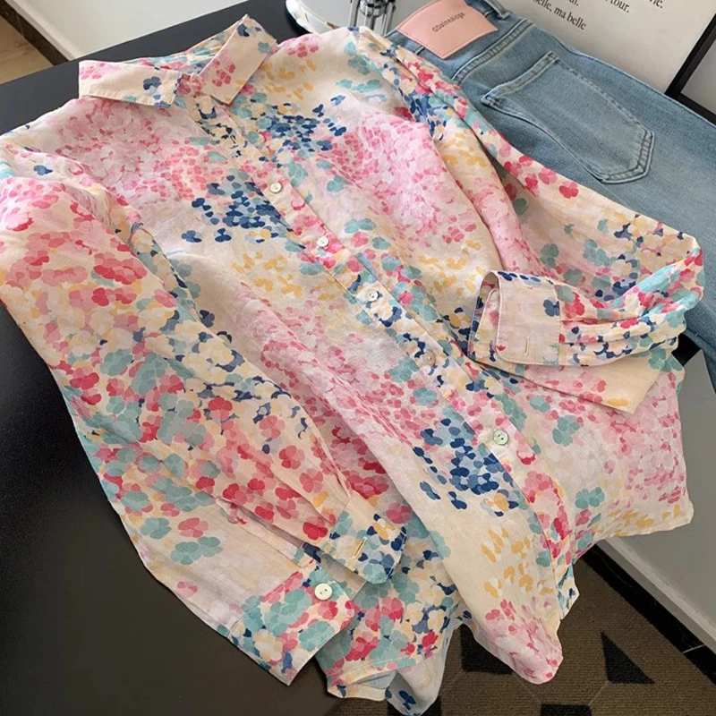 

Spring 2025 New Sle Floral Print Loose Fit Thin Long Sve irt Versatile Slimming Top Faionable Women's Busin Casua...