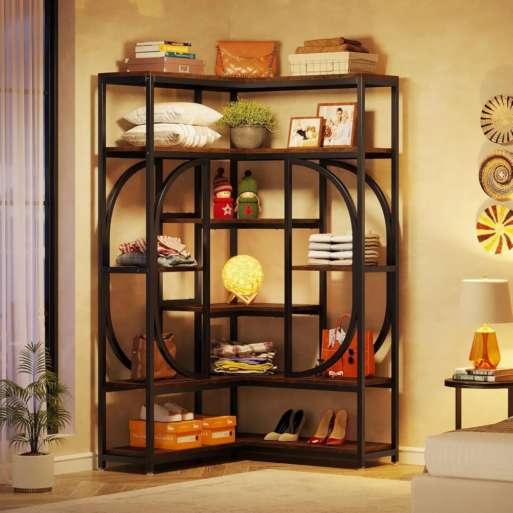 Large Modern 7-Shelf L-Shaped Corner Bookcase for Storage and Display