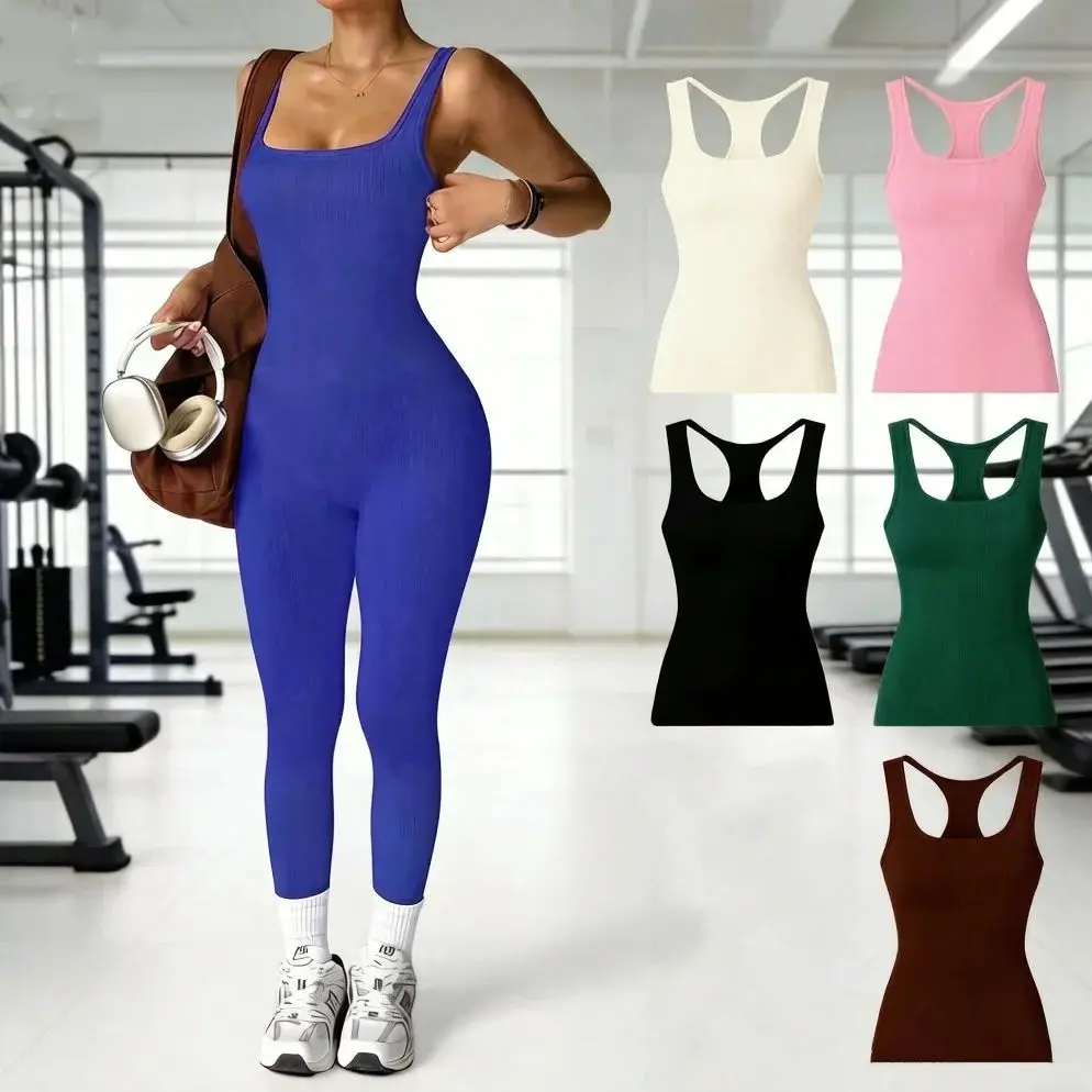 

Бесшовный комбинезон для тренировок женский, с высокой талией, для йоги, с квадратным вырезом, широкими бретелями, спортивный костюм для бега и фитнеса