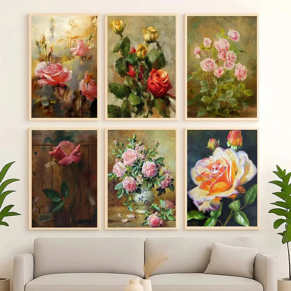 Винтажный классический розовый эстетический постер, красная роза, розовая роза, желтая роза, картина маслом, стиль холста, искусство, декор для дома, комнаты, спальни