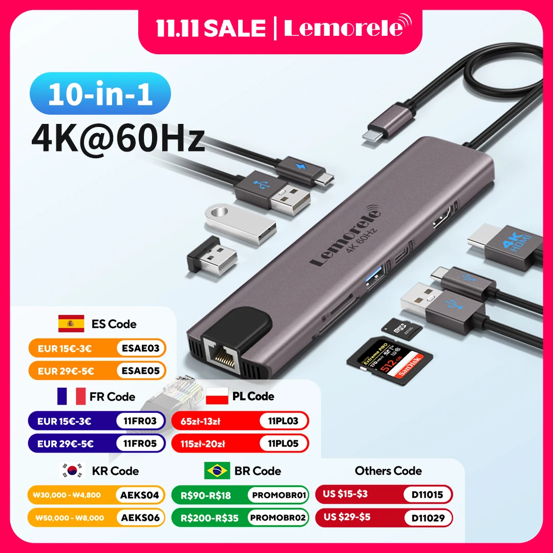 

Lemorele TC46 10in1 USB-концентратор HDMI 4K 60 Гц USB c Hub UAB 3.0 RJ45 1000 Мбит/с с PD100W SD/TF для Macbook Аксессуары для ноутбуков