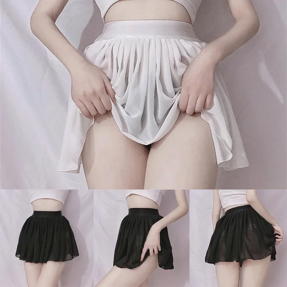 

Women A-Line High Waist Mini Skirts Translucent Sheer Lingerie Skater Pleated Loose Short Skirt Sexy 2024