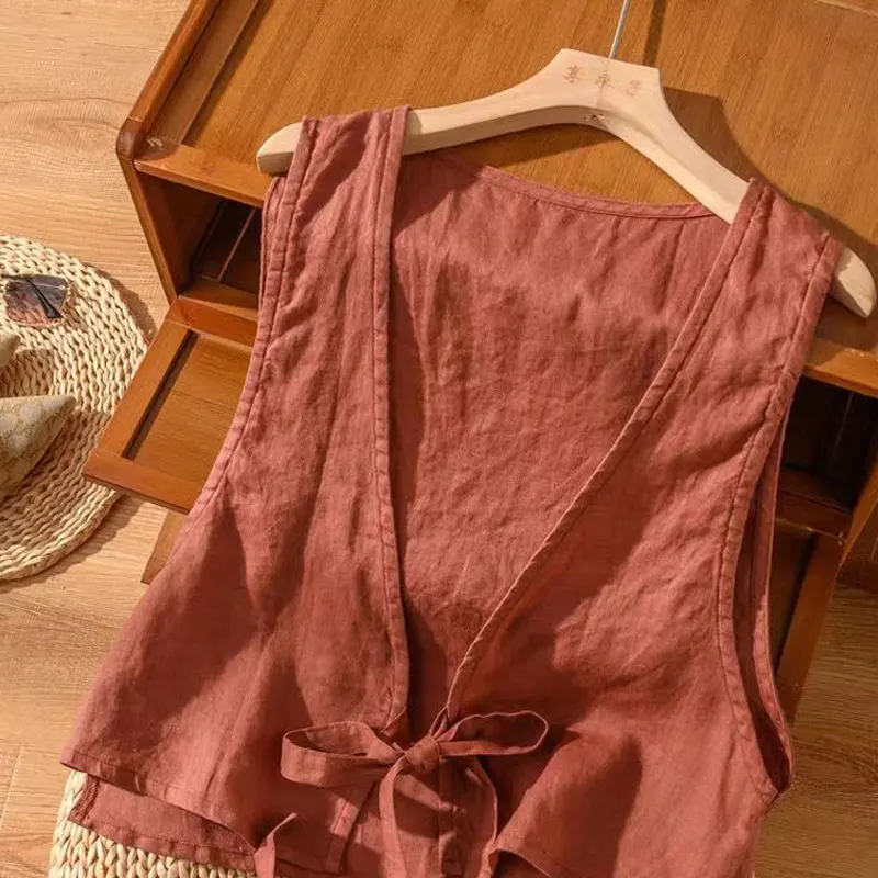 

Женский хлопковый льняной жилет с поясом, однотонный топ с v-образным вырезом, верхняя одежда, летняя одежда для поездок на работу, стандартная длина