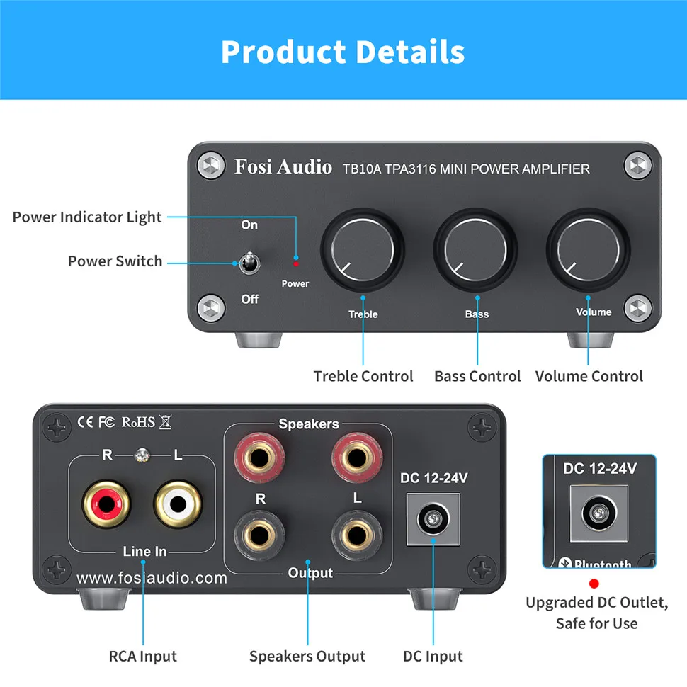 Fosi Audio TB10A TPA3116D2 Stereo Amplifier Receiver 2 Channel Mini HiFi Power Amplifier Audio For Home Speakers Bass Treble