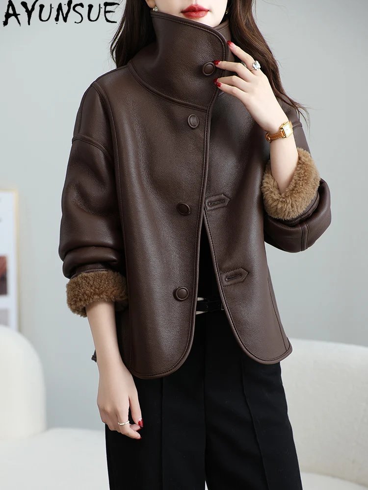 AYUNSUE 100% manteau de laine femmes 2025 vêtements d'hiver femme fourrure intégrée Пajiто Жletiе nouveau dans les manteaux moto et veste de motard