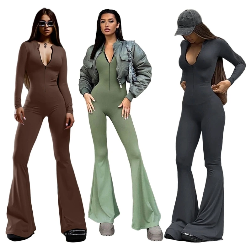 Womens Long Sleeve Zipper Front Fit Flared Jumpsuits Solid Color Bodycon Wide Leg Full Length Sports Yoga Rompers 066C