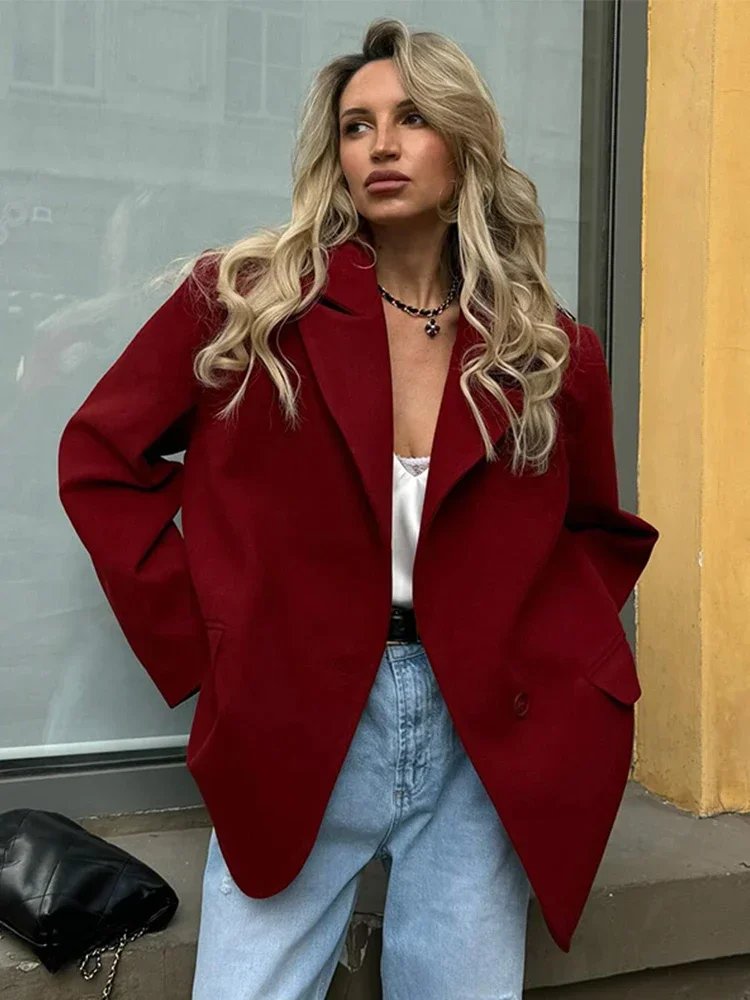 

Red Women's Jacket Loose Lapel Long Sleeve Oversize Coat Pocket Single Button Female Blazer Jackets 2024 Autumn New In Outerwear