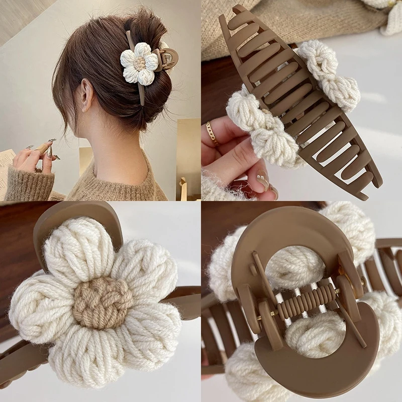 Pinza de lana con forma de flor para mujer, pasador acrílico para el pelo, horquilla de tiburón para niña, accesorios para el cabello de moda