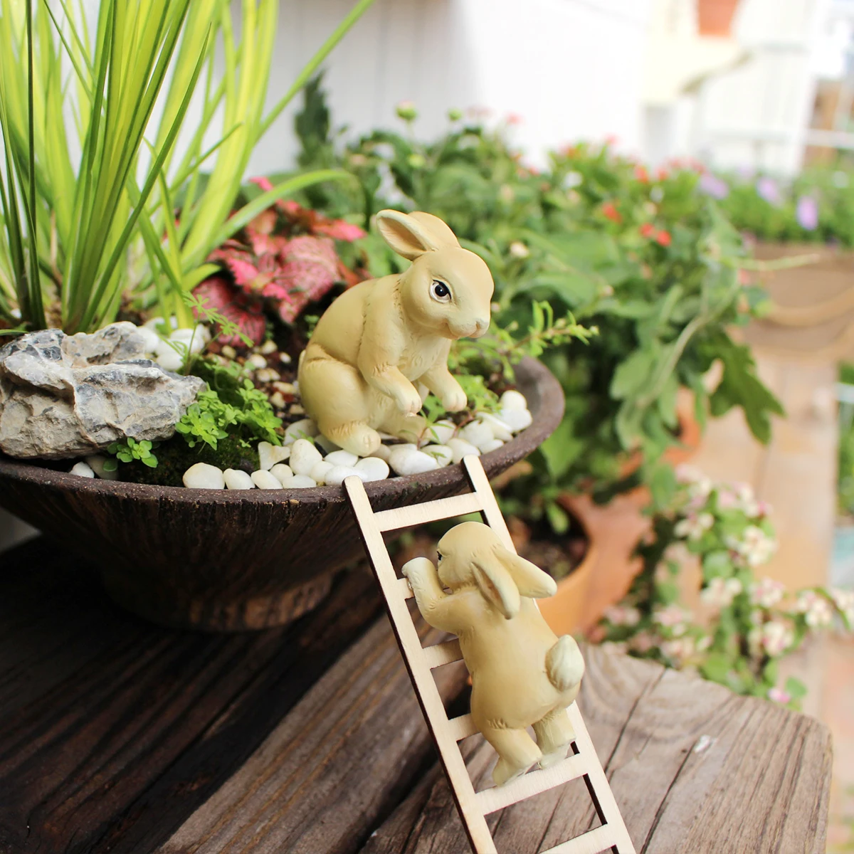 2PC/Rabbit Climbing Stairs - Outdoor Garden Bonsai Statue - Home Decoration Statue - Easter Gift